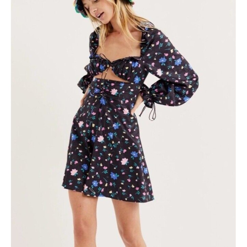 For Love & Lemons S Dress Floral Long Sleeve Lexy Mini A-Line Boho Fit & Flare